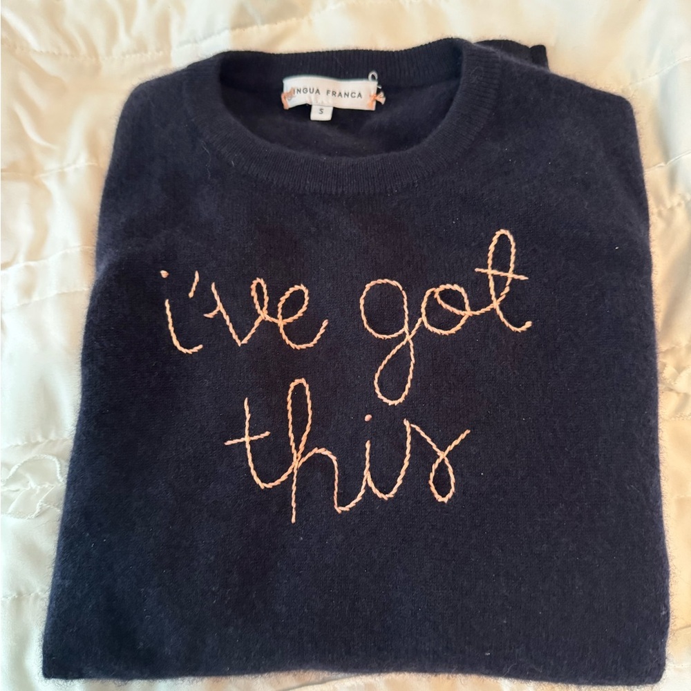 Lingua Franca Navy 100% Cashmere Sweater w/ Pink Embroidered Text, Small